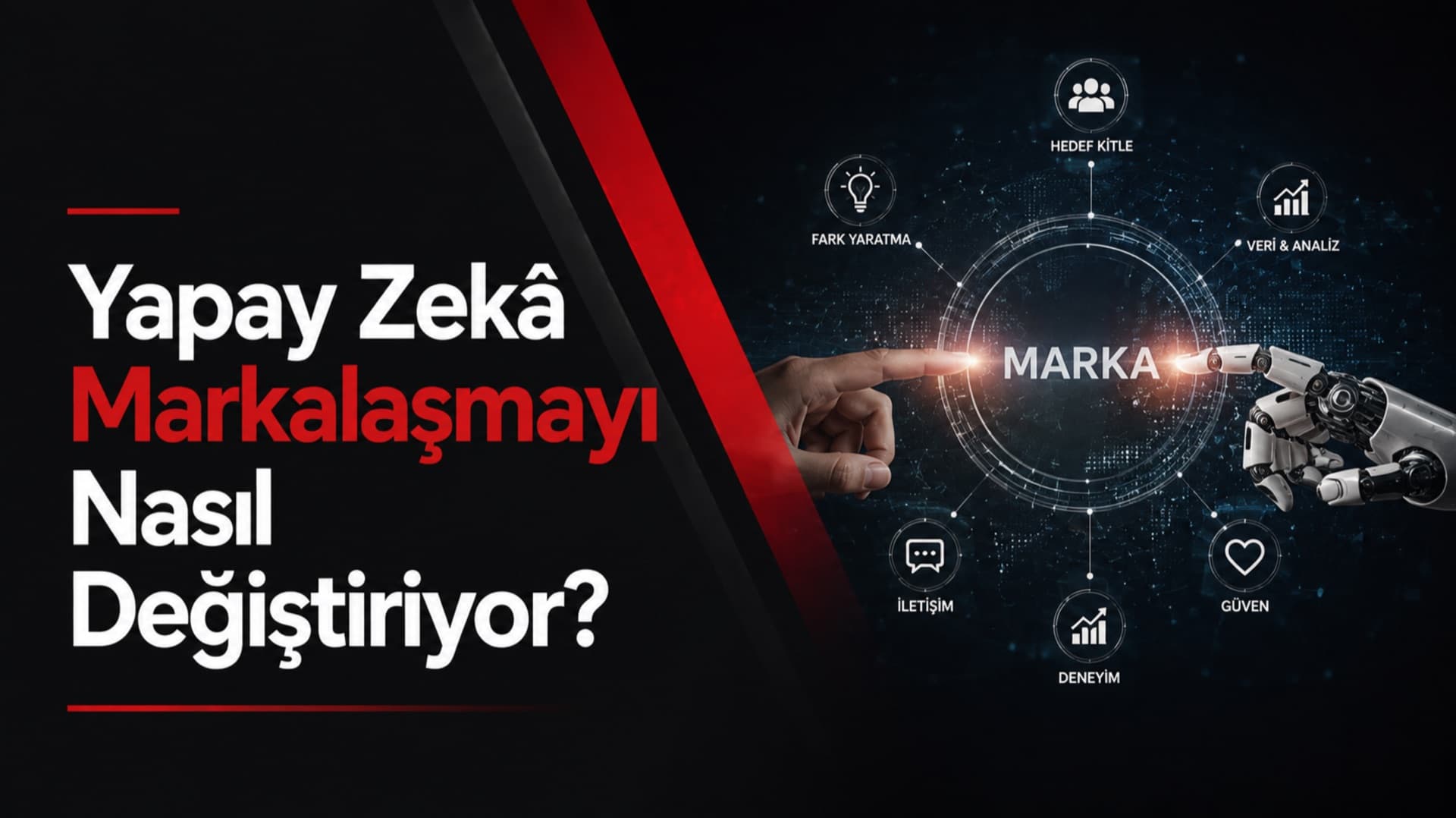 Bir insan eli ile robot elin, marka kavramını gösteren dijital bir arayüzde birbirine dokunması